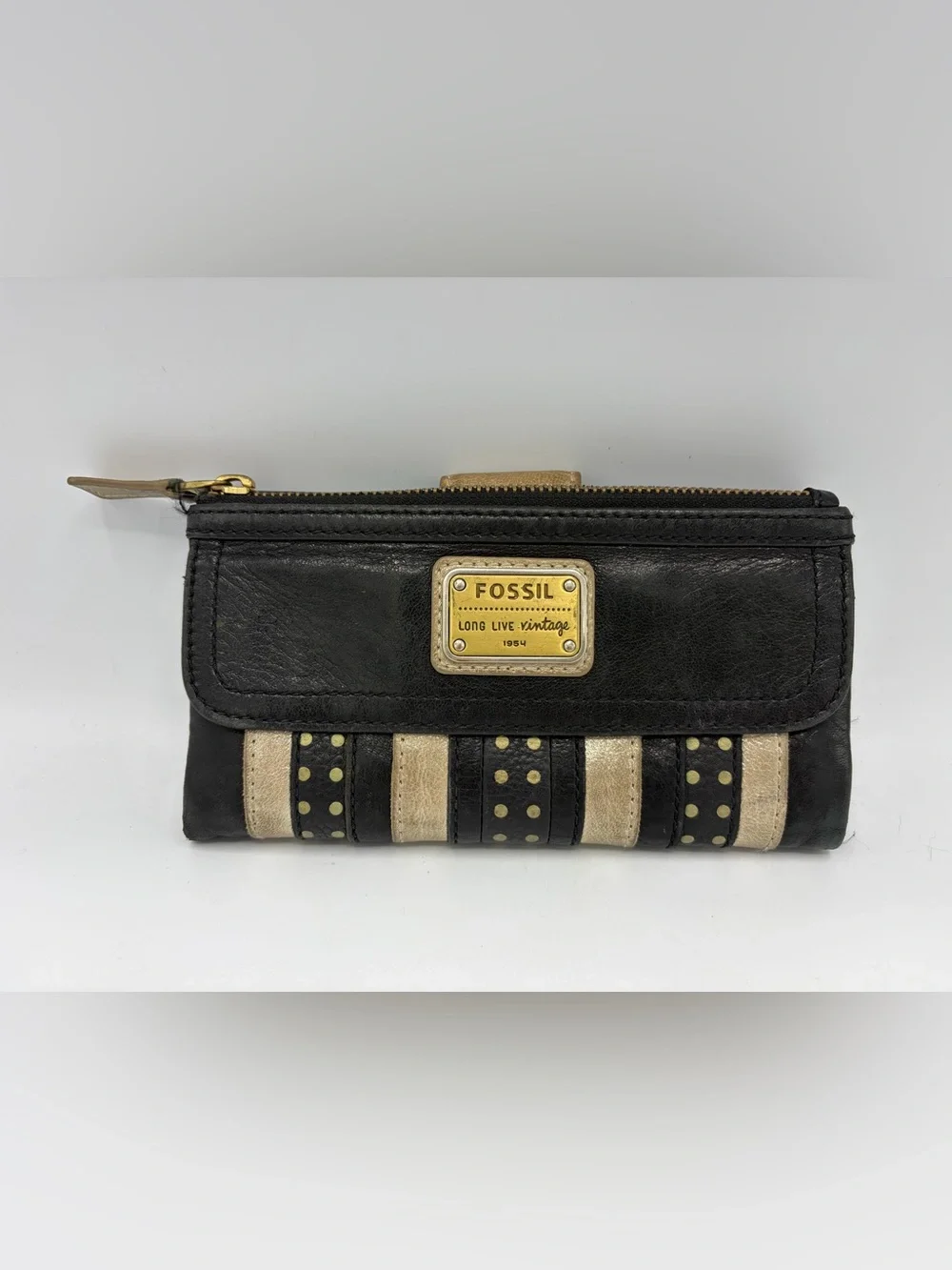 Fossil Long Live Vintage Emory Wallet Black Leather Snap Fold Zip Pocket Bifold